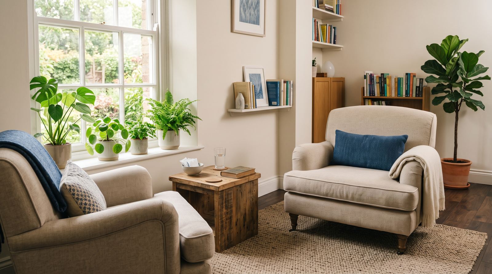 Bureau de thérapie chaleureux, deux fauteuils près d’une fenêtre